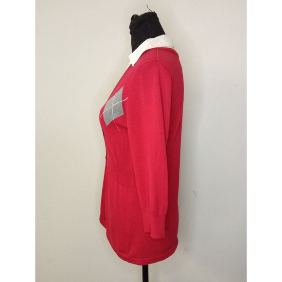 Kim Rogers V-Neck Red Black Faux Cardigan Top Size Petite Medium - Picture 2 of 5